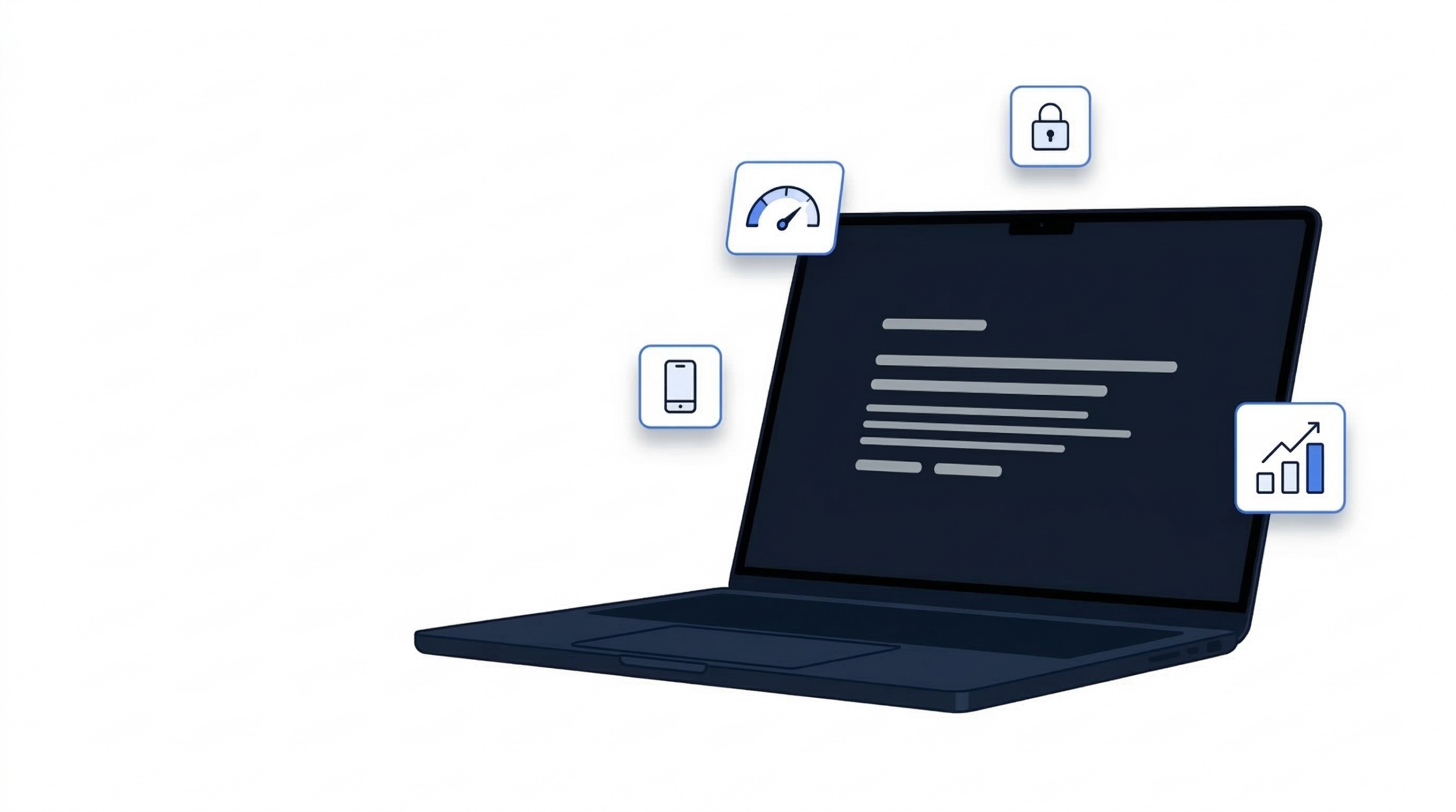 A laptop symbols for mobile development, security, speed and growth.