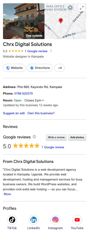 A screenshot showing the Google Business Profile or Chrx Digital Solutions. The profile has The business name, a link to the website, address, phone, social media links and a brief about information.