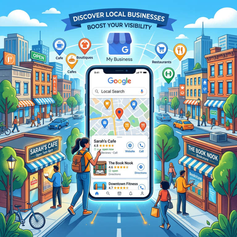 Mobile phone showing local business search results on Google with map and ratings
