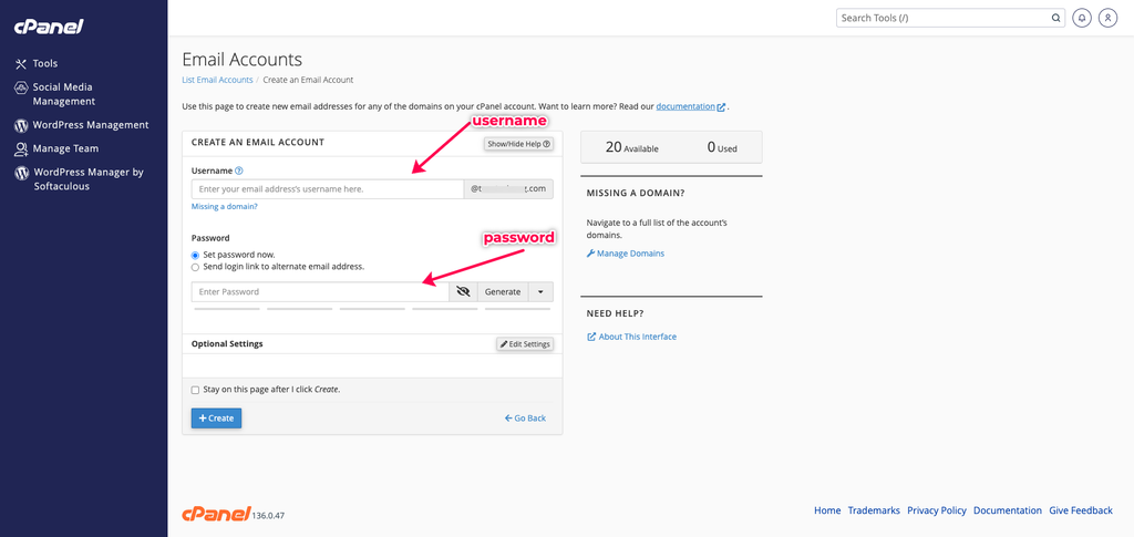 How to create a new email account in cPanel 2 The Create an Email Account form in cPanel with arrows pointing to the Username and Password fields.