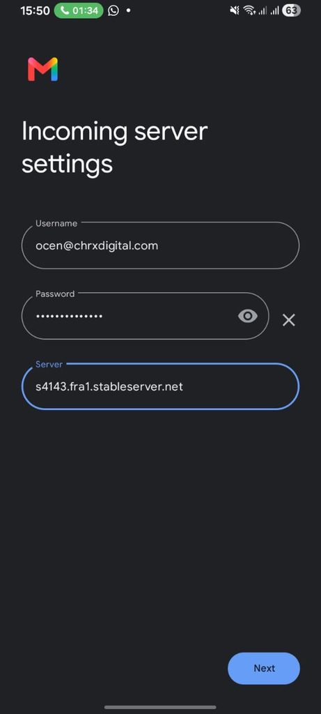How to set up your email in the Gmail app (Android and iPhone) 2 Gmail app on Android showing the Incoming server settings screen with fields for username, password and server, and a Next button.